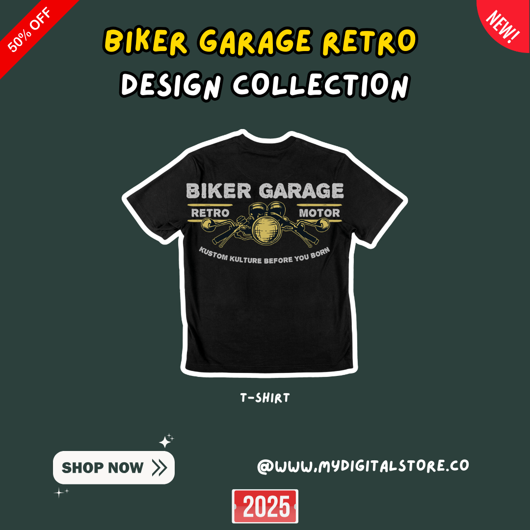 Celebrate classic motorcycles with the Biker Garage Retro T-Shirt Design. Perfect for t-shirts, mugs, and posters, this design is a must-have for bikers and vintage culture enthusiasts. Includes AI, EPS, PNG, SVG, and PSD formats