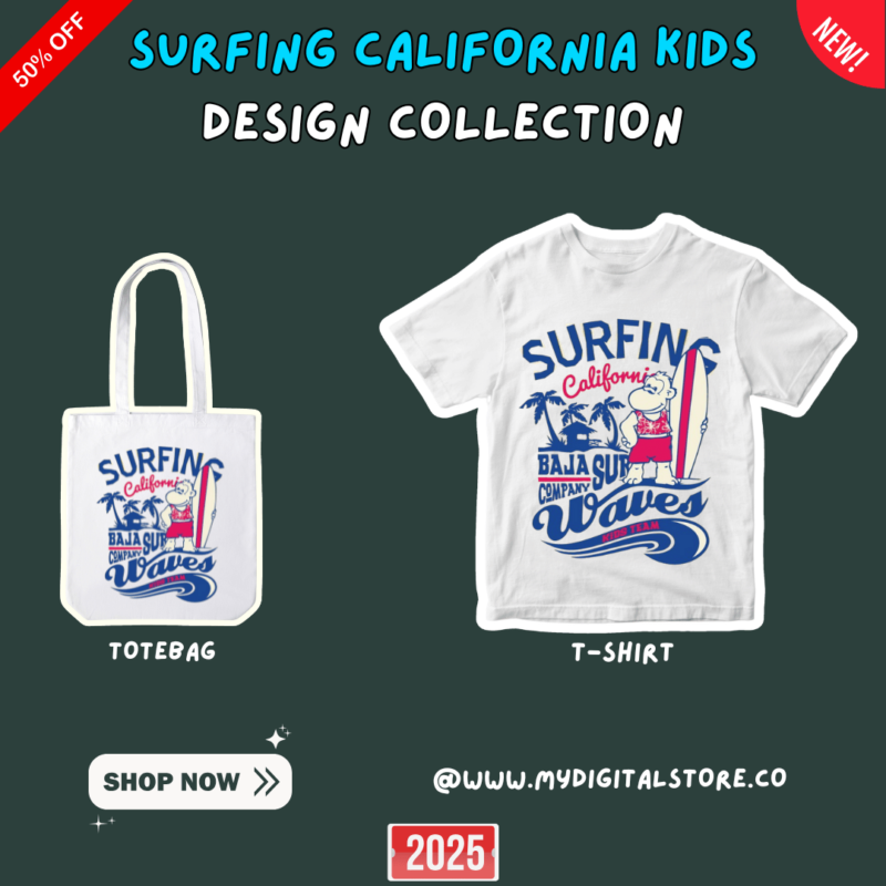 his vibrant "Surfing California" kids graphic design features a fun, beachy illustration perfect for apparel or merchandise. Ideal for creating surfing-themed t-shirts, posters, or summer vibes products. Download includes a high-quality vector file and a ready-to-use JPG.