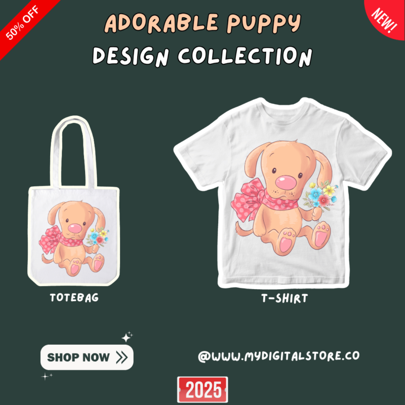 Brighten up your creative projects with this charming puppy clipart! Featuring a delightful design of a cuddly puppy holding flowers and wearing a polka dot bow, this high-quality digital illustration is perfect for invitations, scrapbooking, kids' projects, and more.