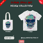 Floral Skull Art design printed on a T-shirt and tote bag. A bold and artistic skull illustration with intricate floral details. Available at MyDigitalStore.co