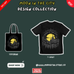 Moon in the City Design Collection – Urban Skyline Graphic on Black T-Shirt & Tote Bag. Stylish cityscape fashion, available for instant purchase at MyDigitalStore.co