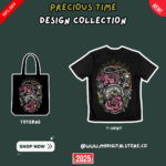 Precious Time Design Collection – Vintage Pocket Watch & Rose Artwork on Black T-Shirt & Tote Bag. Elegant & Timeless Streetwear Fashion, Available for Instant Purchase at MyDigitalStore.co